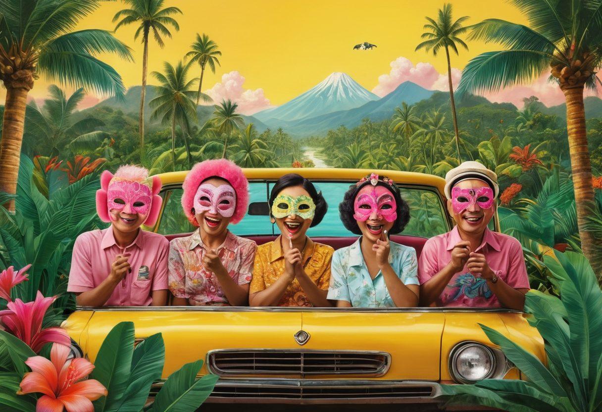 A vibrant and colorful collage illustrating the joy and laughter associated with adult films in Indonesia, featuring whimsical elements like playful masks, palm trees, and cheerful characters enjoying a movie night. Include tropical colors and a lively atmosphere that reflects both the charm and the cultural nuances of Indonesian cinema. super-realistic. vibrant colors. 3D.